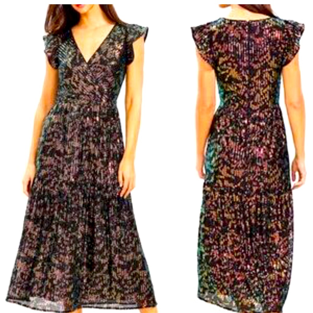 LOFT Sequin Flutter Midi Dress Cocktail Black Multicolor Formal Size 4